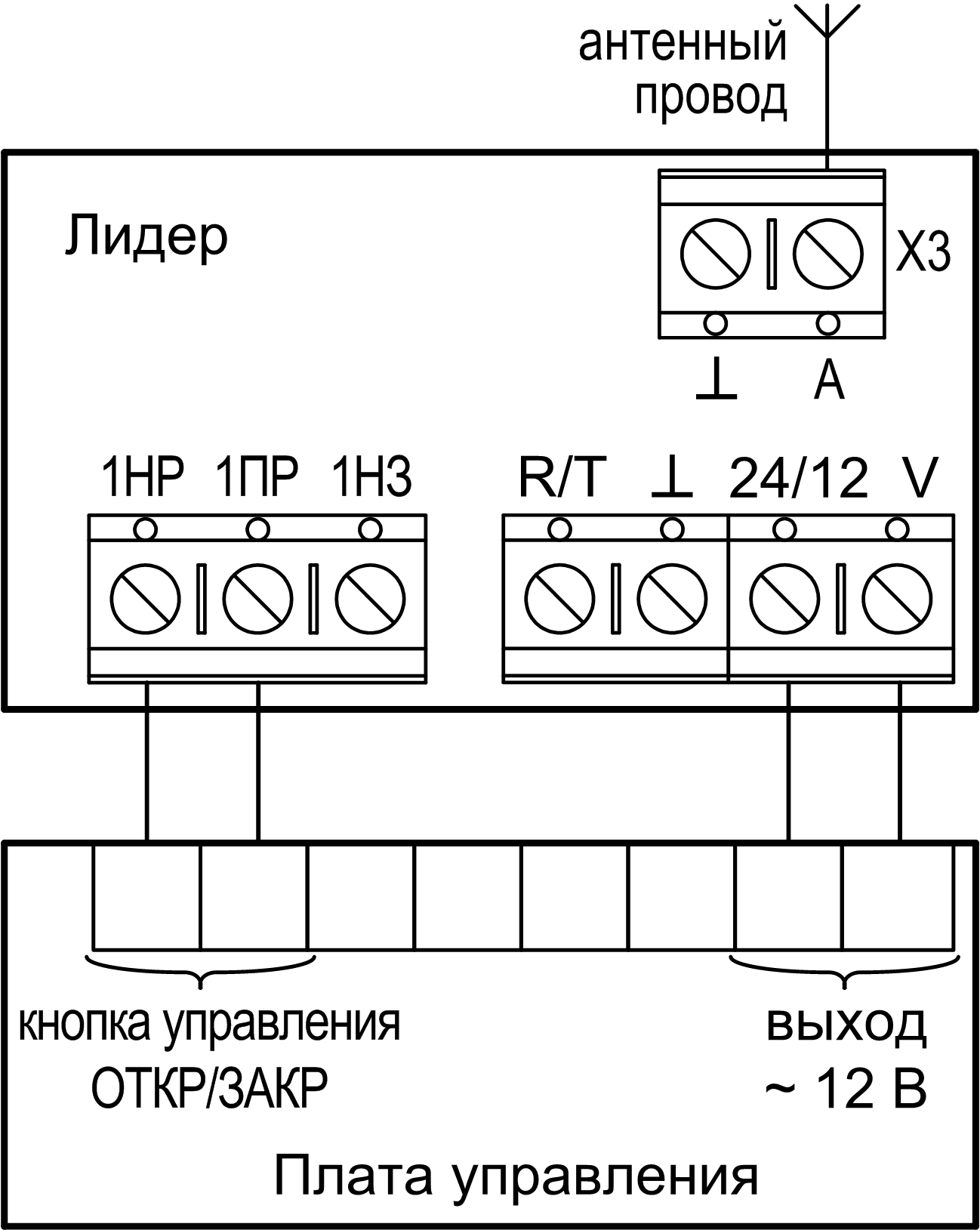 Схема подключения приёмника Лидер к плате управления внешнего устройства Радиосистема тревожной сигнализации «Лидер», вариант 2. Изображение 1